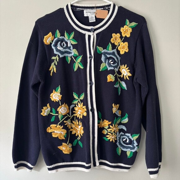 Other Sweaters - Vintage Cottagecore Floral Embroidered Navy blue Grannycore cardigan Medium Larg